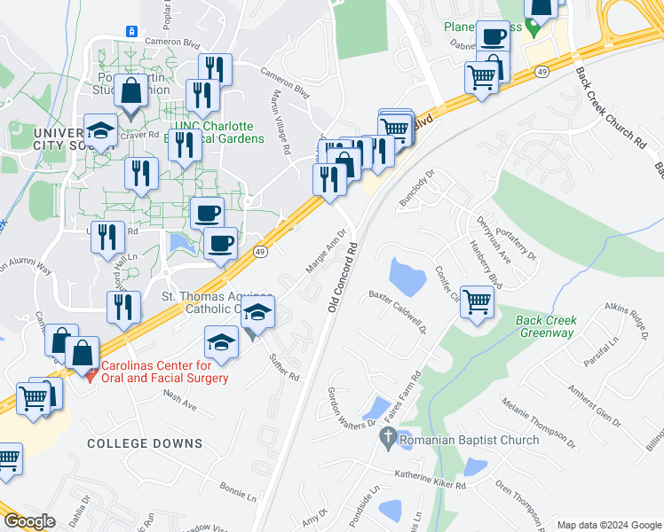 map of restaurants, bars, coffee shops, grocery stores, and more near 1630 Arlyn Circle in Charlotte