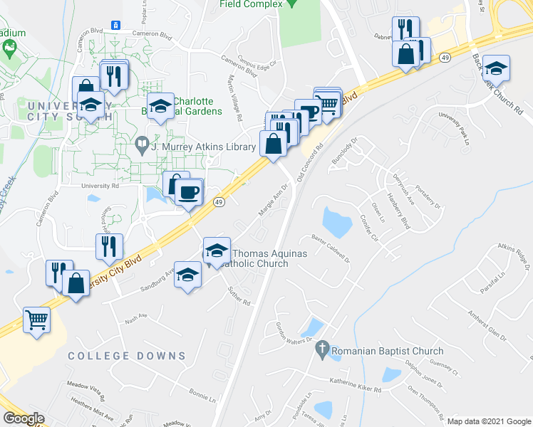 map of restaurants, bars, coffee shops, grocery stores, and more near 10001 Old Concord Road in Charlotte
