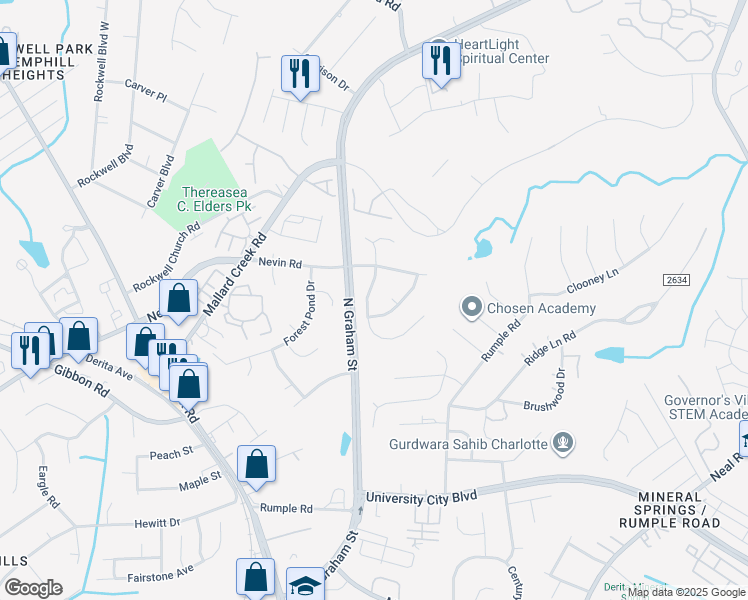map of restaurants, bars, coffee shops, grocery stores, and more near 6307 Spanish Moss Lane in Charlotte