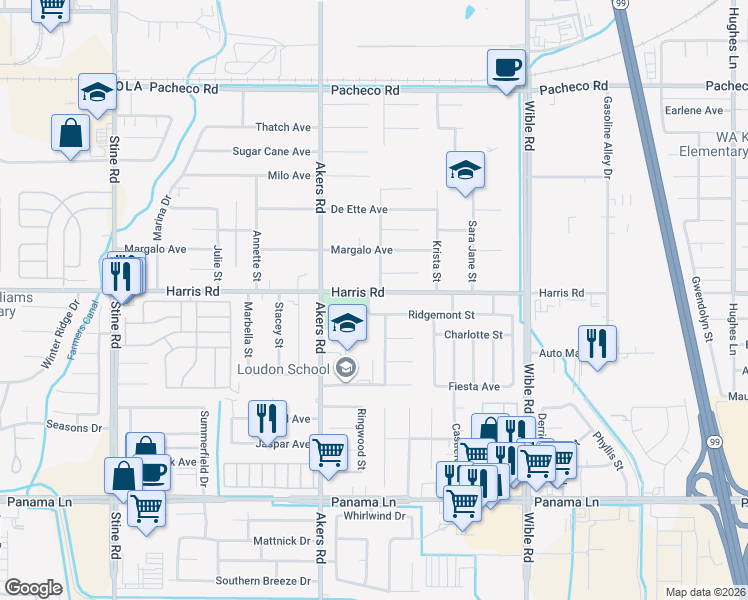 map of restaurants, bars, coffee shops, grocery stores, and more near 3817 Harris Road in Bakersfield