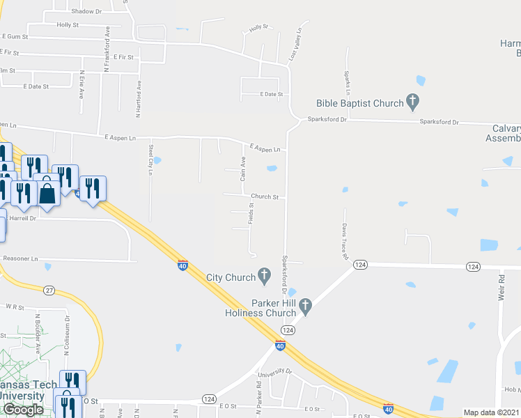 map of restaurants, bars, coffee shops, grocery stores, and more near 70 Fields Street in Russellville