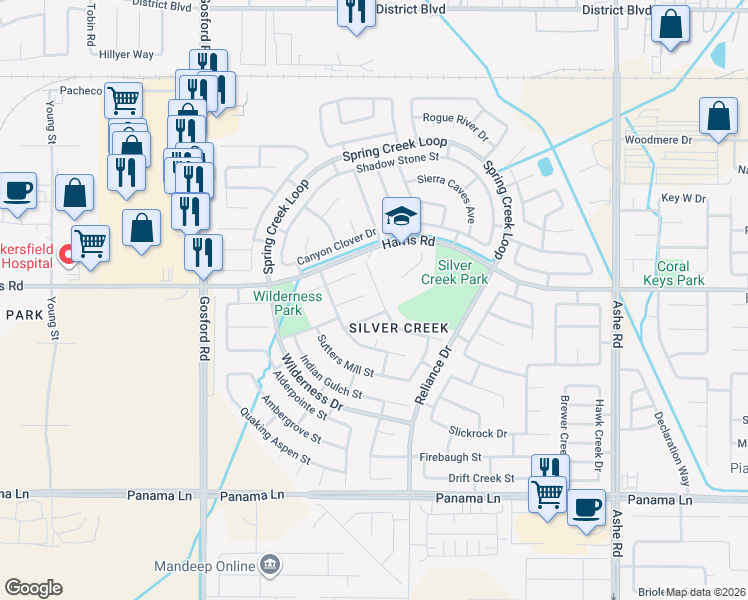 map of restaurants, bars, coffee shops, grocery stores, and more near 5711 Greenhorn Mountain Court in Bakersfield