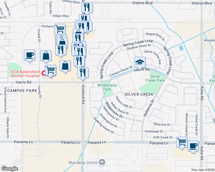 map of restaurants, bars, coffee shops, grocery stores, and more near 5720 Wilderness Drive in Bakersfield