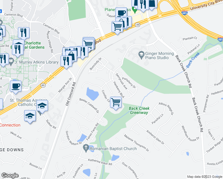 map of restaurants, bars, coffee shops, grocery stores, and more near 1931 Olsen Lane in Charlotte