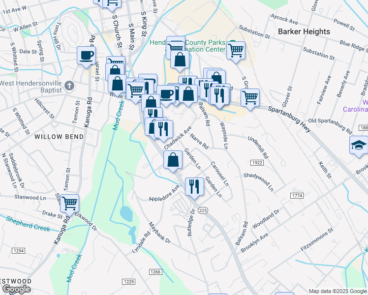 map of restaurants, bars, coffee shops, grocery stores, and more near 909 Garden Lane in Hendersonville
