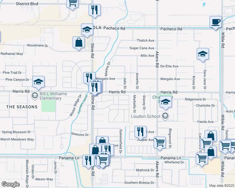 map of restaurants, bars, coffee shops, grocery stores, and more near 4520 Country Wood Lane in Bakersfield
