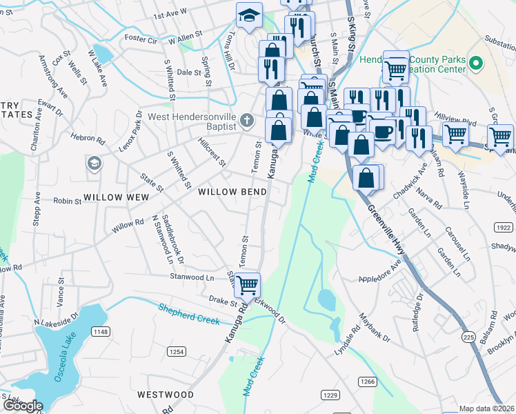 map of restaurants, bars, coffee shops, grocery stores, and more near 941 Kanuga Road in Hendersonville