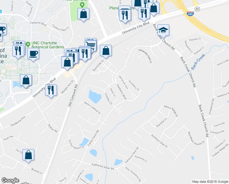 map of restaurants, bars, coffee shops, grocery stores, and more near 1931 Olsen Lane in Charlotte