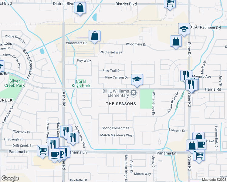 map of restaurants, bars, coffee shops, grocery stores, and more near 5815 Clear Valley Court in Bakersfield