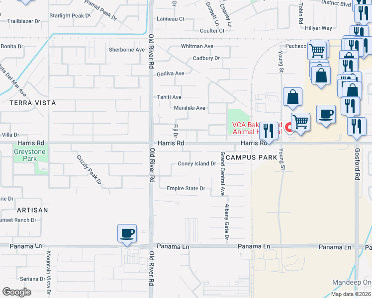 map of restaurants, bars, coffee shops, grocery stores, and more near 9503 Liberty Island Drive in Bakersfield