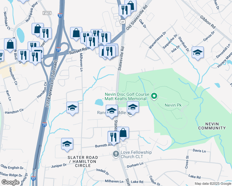 map of restaurants, bars, coffee shops, grocery stores, and more near 5990 Statesville Road in Charlotte