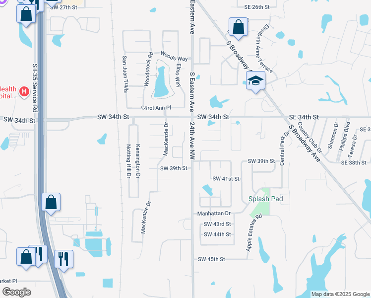 map of restaurants, bars, coffee shops, grocery stores, and more near 3804 New London Avenue in Moore