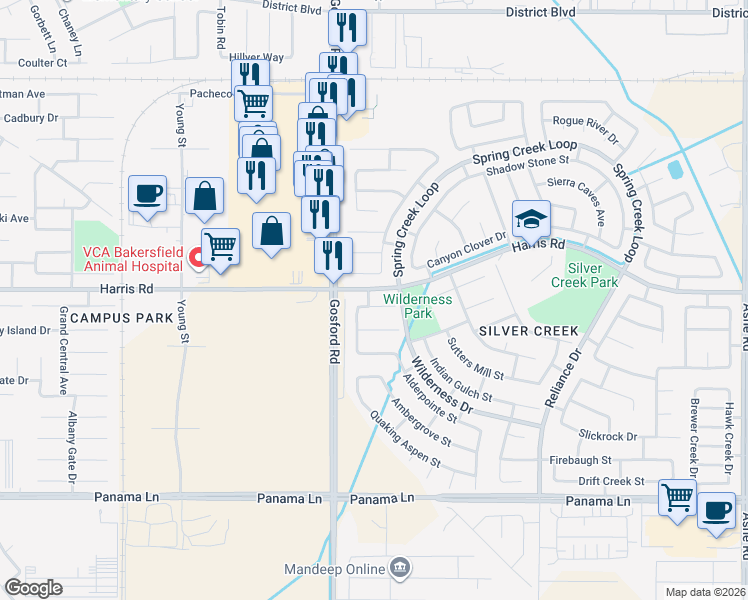 map of restaurants, bars, coffee shops, grocery stores, and more near 7921 Coulter Pine Court in Bakersfield