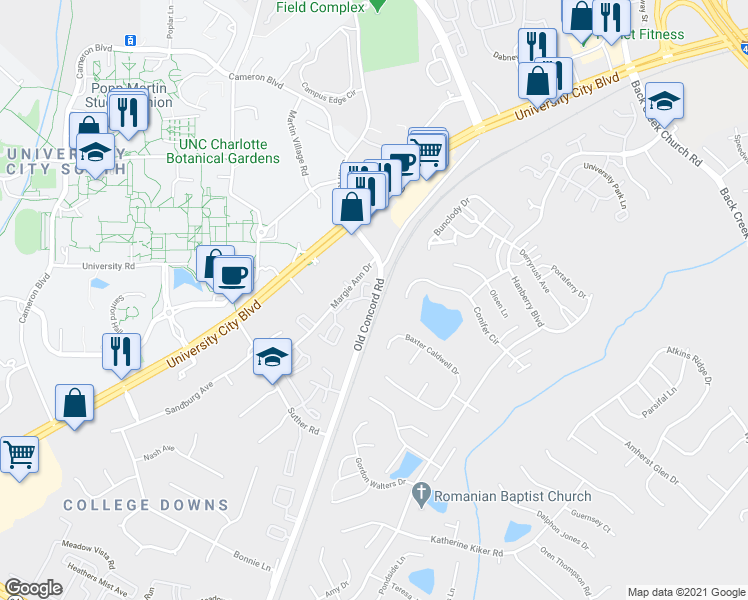 map of restaurants, bars, coffee shops, grocery stores, and more near Old Concord Rd & Arlyn Cir in Charlotte