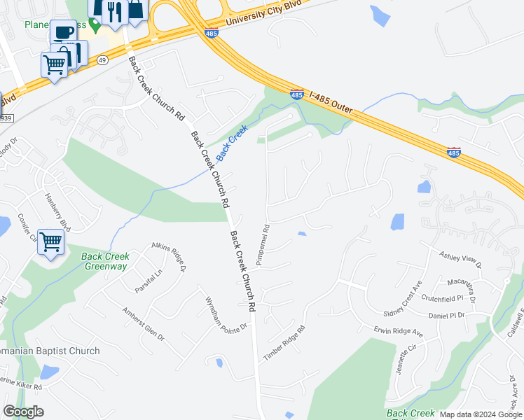 map of restaurants, bars, coffee shops, grocery stores, and more near 2422 Pimpernel Road in Charlotte