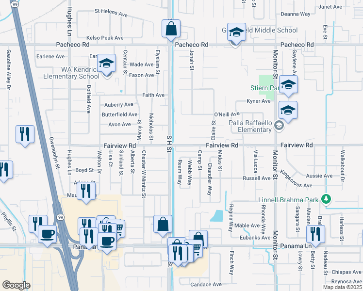 map of restaurants, bars, coffee shops, grocery stores, and more near 1608 Moreland Way in Bakersfield