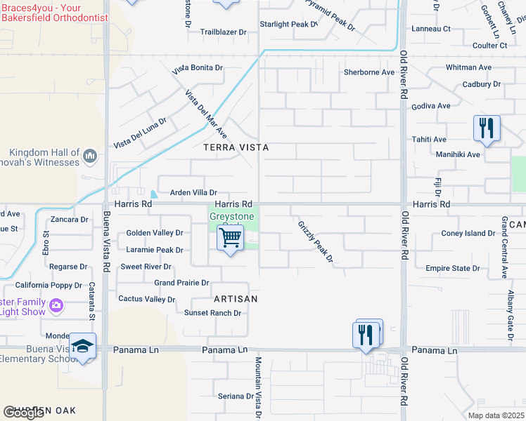 map of restaurants, bars, coffee shops, grocery stores, and more near 10405 Sirretta Peak Place in Bakersfield
