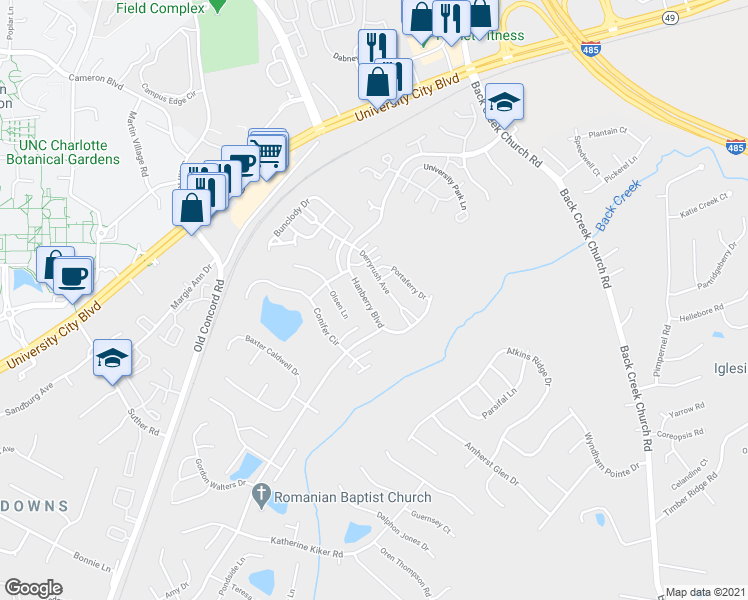 map of restaurants, bars, coffee shops, grocery stores, and more near 9621 Hanberry Boulevard in Charlotte