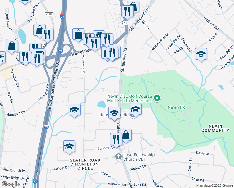 map of restaurants, bars, coffee shops, grocery stores, and more near 5990-6098 Statesville Rd in Charlotte