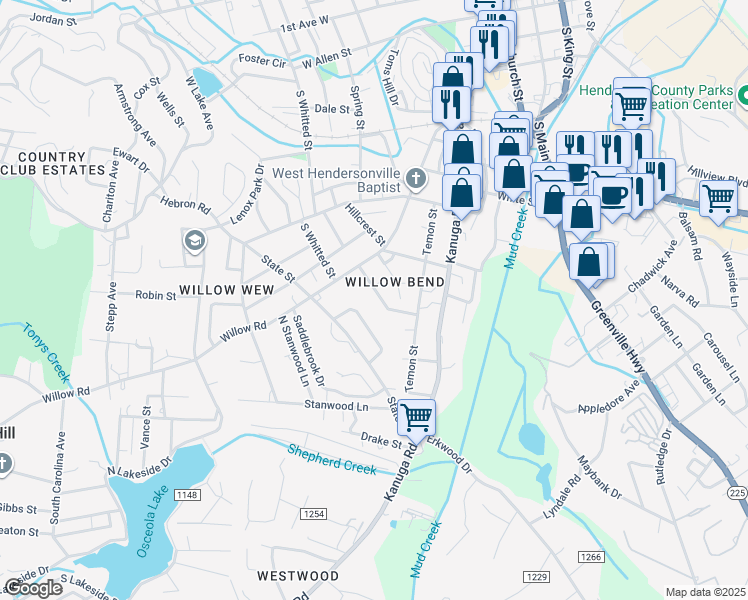 map of restaurants, bars, coffee shops, grocery stores, and more near 1235 Pine Spring Drive in Hendersonville