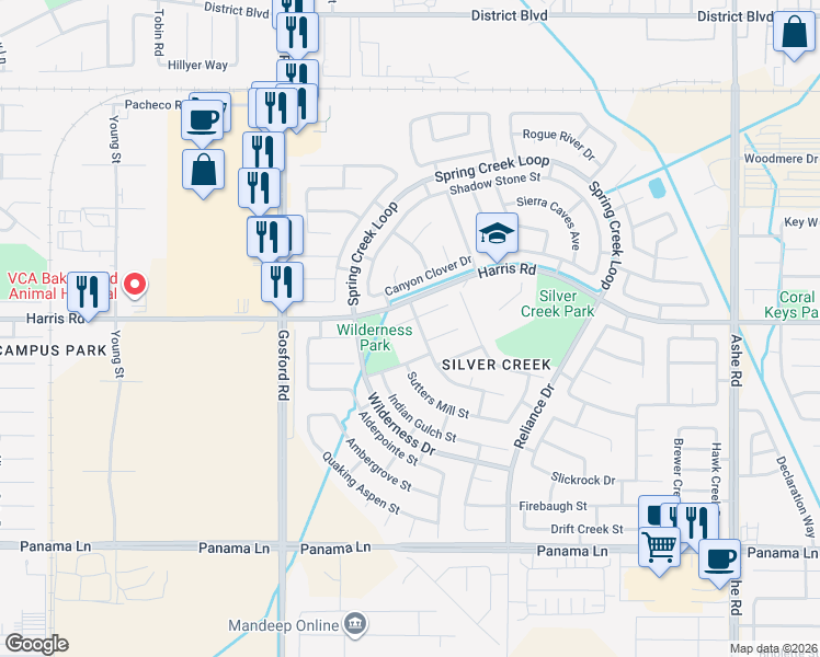 map of restaurants, bars, coffee shops, grocery stores, and more near 7605 Carson Hill Court in Bakersfield