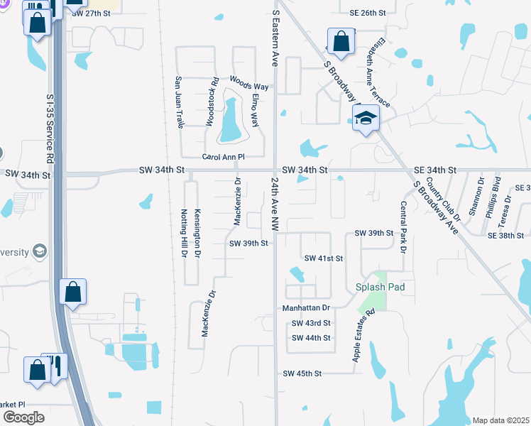 map of restaurants, bars, coffee shops, grocery stores, and more near 3820 New London Avenue in Moore
