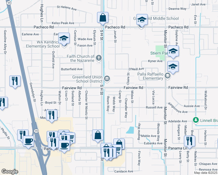 map of restaurants, bars, coffee shops, grocery stores, and more near 1624 Fairview Road in Bakersfield