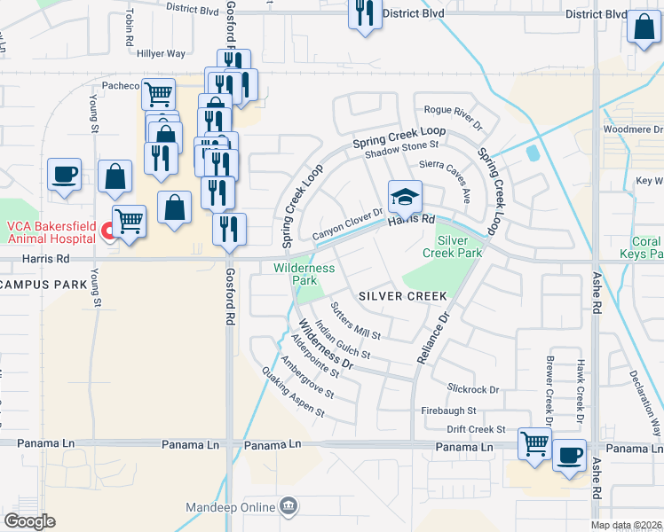 map of restaurants, bars, coffee shops, grocery stores, and more near 7605 Carson Hill Court in Bakersfield