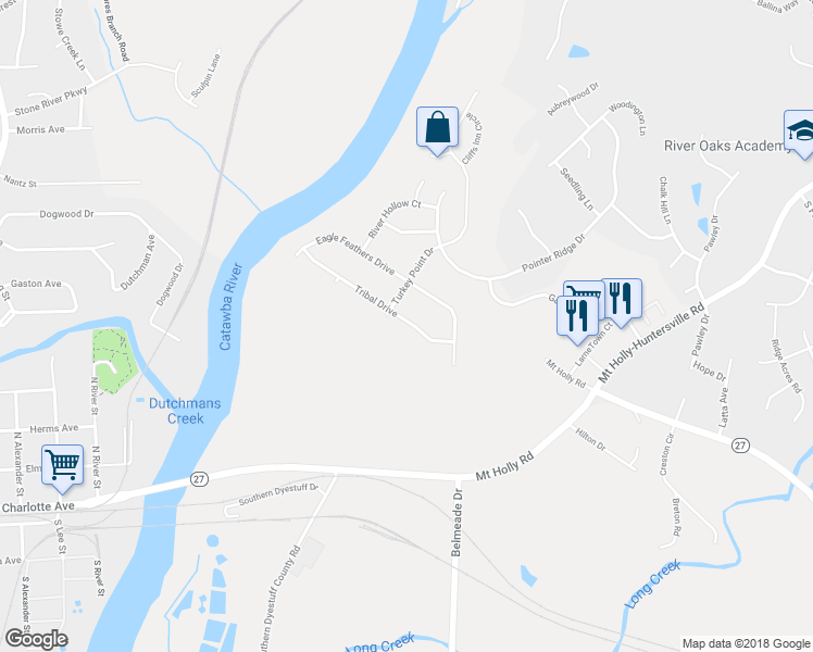 map of restaurants, bars, coffee shops, grocery stores, and more near 11519 Tribal Drive in Charlotte