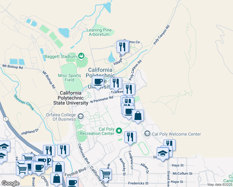 map of restaurants, bars, coffee shops, grocery stores, and more near 1 Grand Avenue in San Luis Obispo