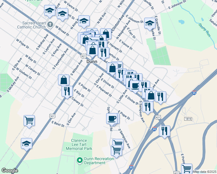 map of restaurants, bars, coffee shops, grocery stores, and more near 301 South Washington Avenue in Dunn