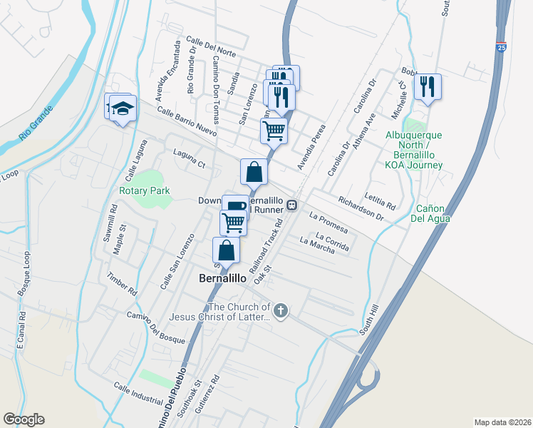 map of restaurants, bars, coffee shops, grocery stores, and more near 830 South Camino Del Pueblo in Bernalillo
