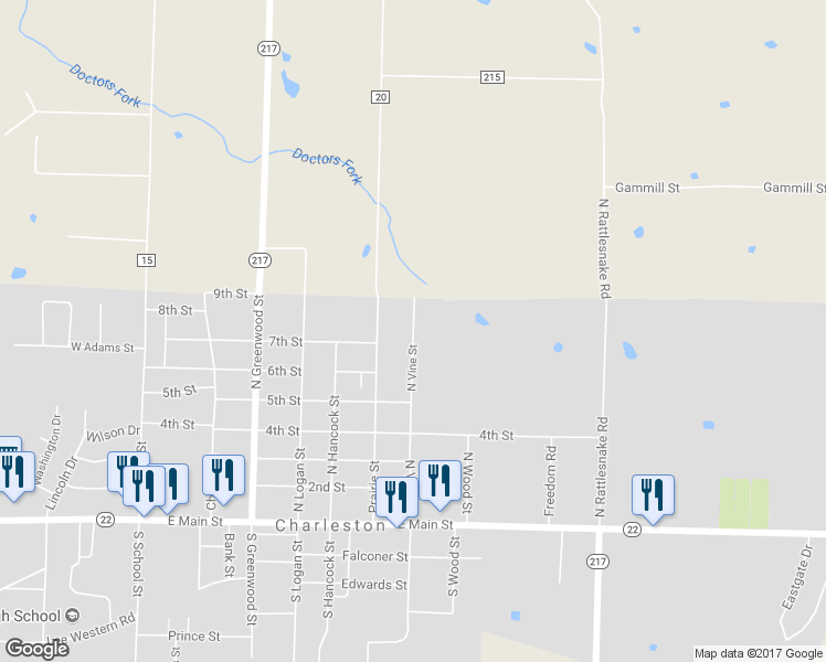 map of restaurants, bars, coffee shops, grocery stores, and more near 704 North Vine Street in Charleston
