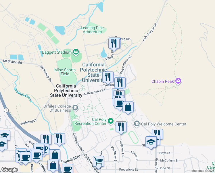 map of restaurants, bars, coffee shops, grocery stores, and more near in San Luis Obispo