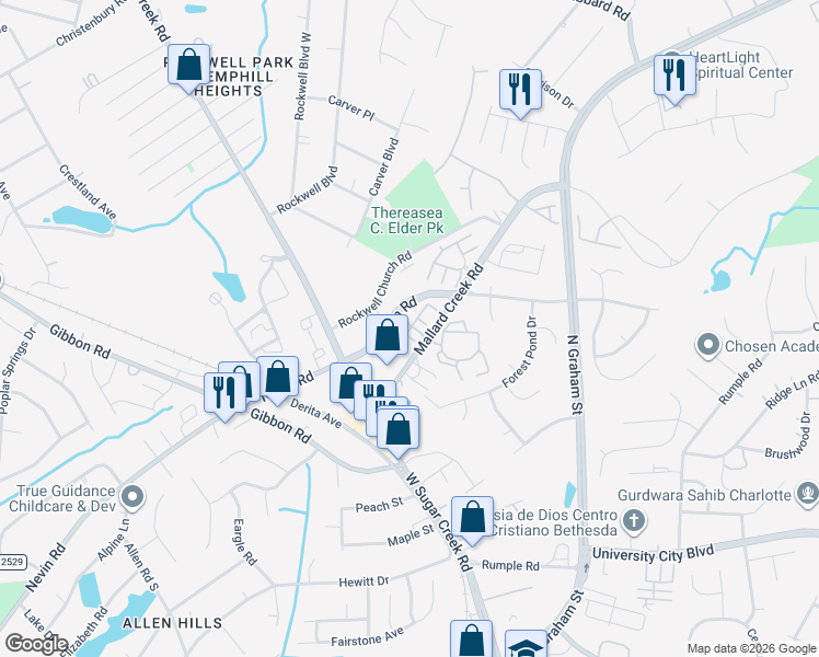 map of restaurants, bars, coffee shops, grocery stores, and more near 6350 Mallard View Lane in Charlotte
