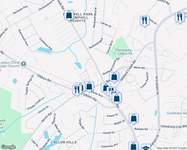 map of restaurants, bars, coffee shops, grocery stores, and more near 3030 Village Glen Lane in Charlotte