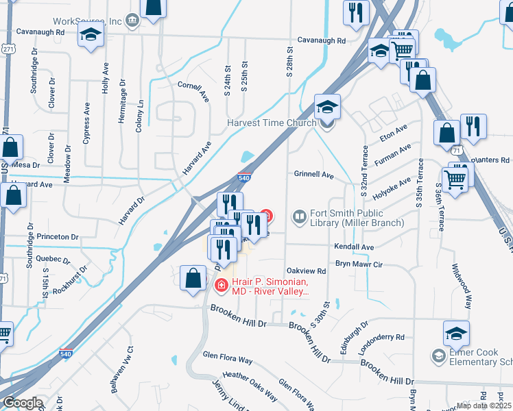 map of restaurants, bars, coffee shops, grocery stores, and more near 2605 Market Trace in Fort Smith