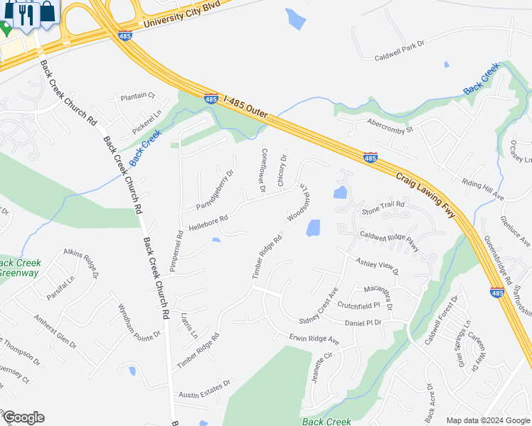 map of restaurants, bars, coffee shops, grocery stores, and more near 10804 Maryanna Court in Charlotte