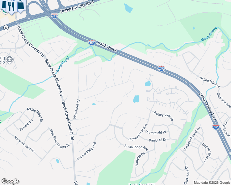 map of restaurants, bars, coffee shops, grocery stores, and more near 10804 Maryanna Court in Charlotte