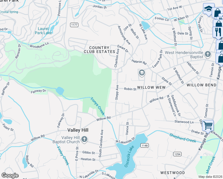 map of restaurants, bars, coffee shops, grocery stores, and more near 357 Stepp Avenue in Hendersonville