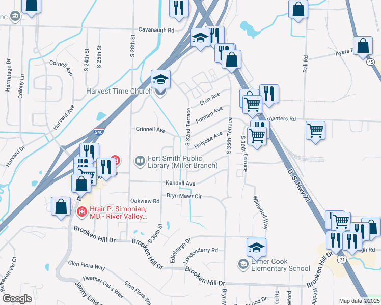 map of restaurants, bars, coffee shops, grocery stores, and more near 8601 South 32nd Terrace in Fort Smith