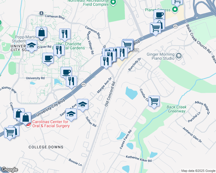 map of restaurants, bars, coffee shops, grocery stores, and more near 1634 Arlyn Circle in Charlotte