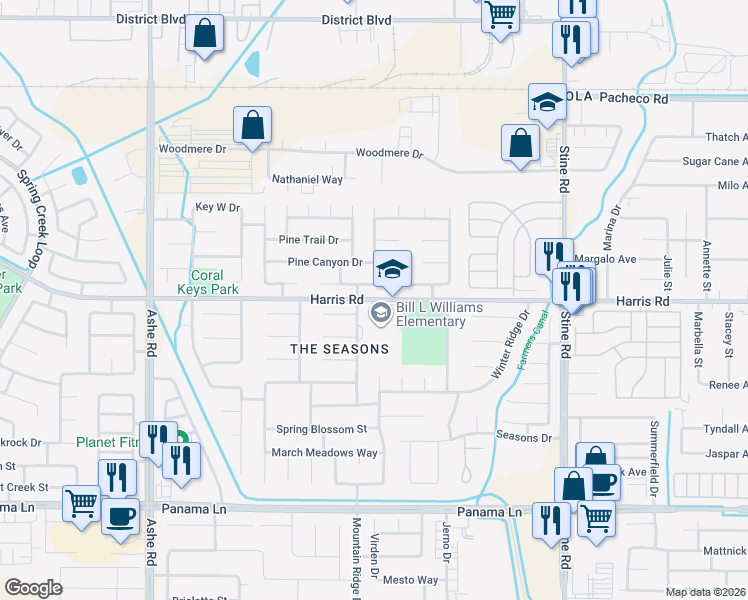 map of restaurants, bars, coffee shops, grocery stores, and more near 5601 Harris Road in Bakersfield