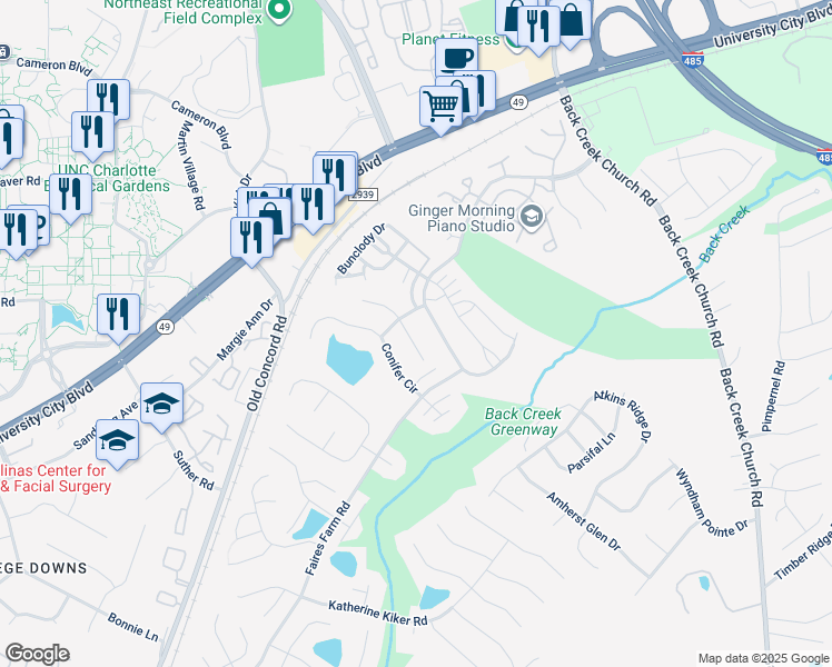 map of restaurants, bars, coffee shops, grocery stores, and more near 1919 Olsen Lane in Charlotte