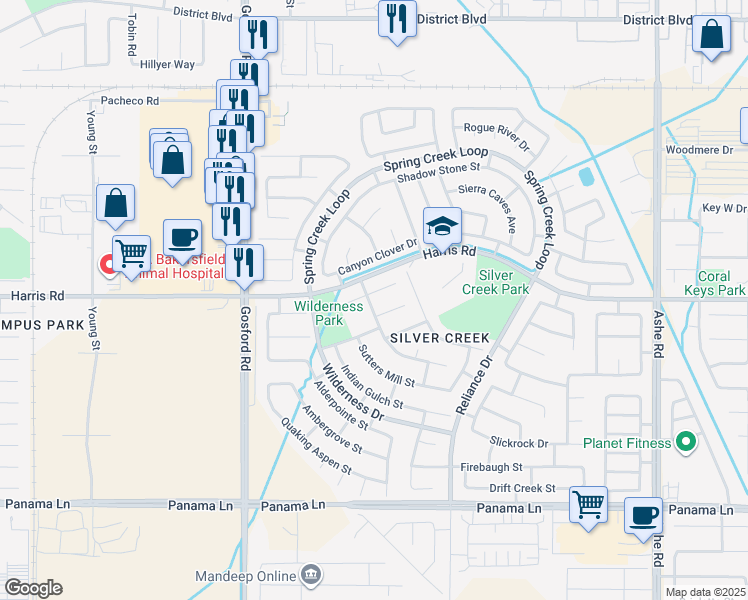map of restaurants, bars, coffee shops, grocery stores, and more near 7508 Carson Hill Court in Bakersfield