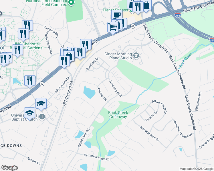 map of restaurants, bars, coffee shops, grocery stores, and more near 10250 Saint Joseph Drive in Charlotte