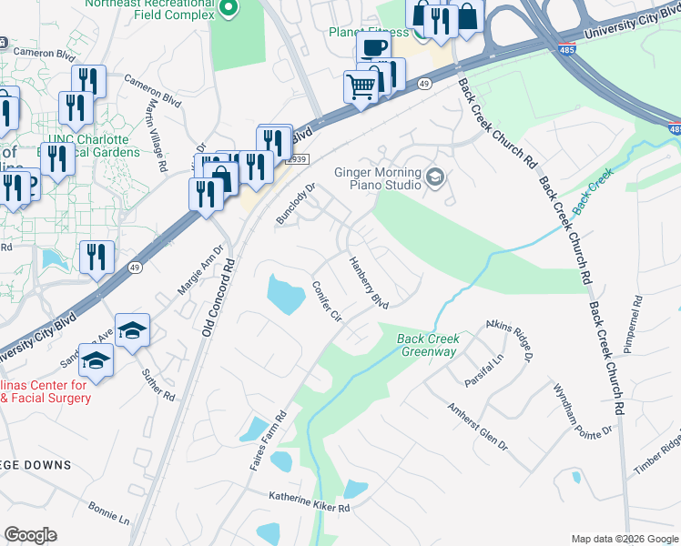 map of restaurants, bars, coffee shops, grocery stores, and more near 10250 Saint Joseph Drive in Charlotte