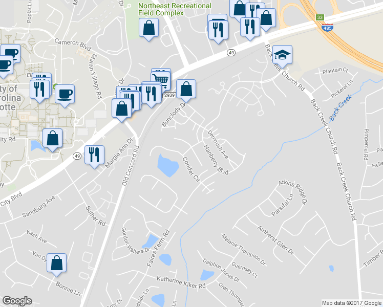 map of restaurants, bars, coffee shops, grocery stores, and more near 10250 Saint Joseph Drive in Charlotte