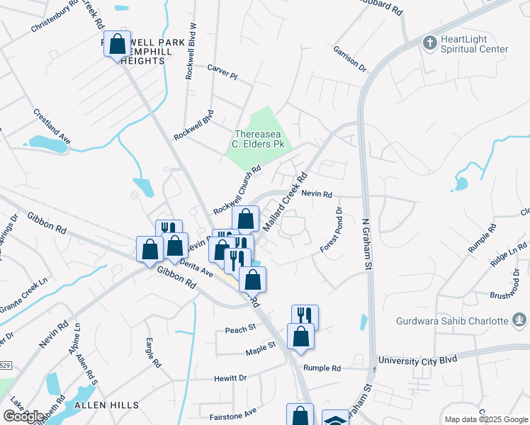 map of restaurants, bars, coffee shops, grocery stores, and more near 6419 Mallard View Lane in Charlotte