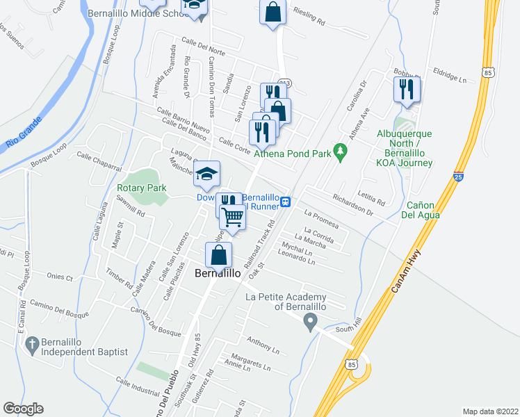 map of restaurants, bars, coffee shops, grocery stores, and more near 128 Calle Don Francisco in Bernalillo